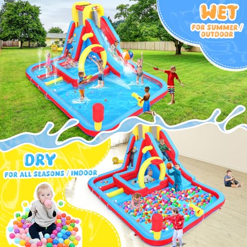 Whubefy Big Inflatable Water Slide for Kids Backyar 13.2x10FT Waterslide Bounce House Obstacle Course, 3 Pool Fountain, Splash Pool, Deep Pool Sprinkler, Blow Up Water Slides Park for Kids Party Gift