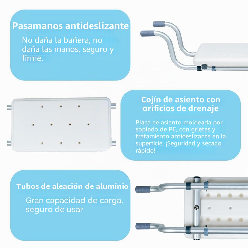 NEWFUN Asiento de Baño Ligero Suspendido Taburete de Baño Adultos Bandejas,Tabla de Bañera con 3 Anchos Ajustables, Aluminio, Capacidad de Carga 136 kg, Color Blanco,76-86 cm