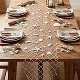 LemonRoad 13 x 72 Inch Nautical Fish Net Table Runner Fish Net Decoration with 34 Pcs Starfish Seahorse and Seashells for DIY Assembly for Ocean Nautical Beach Themed Party Decor(White)