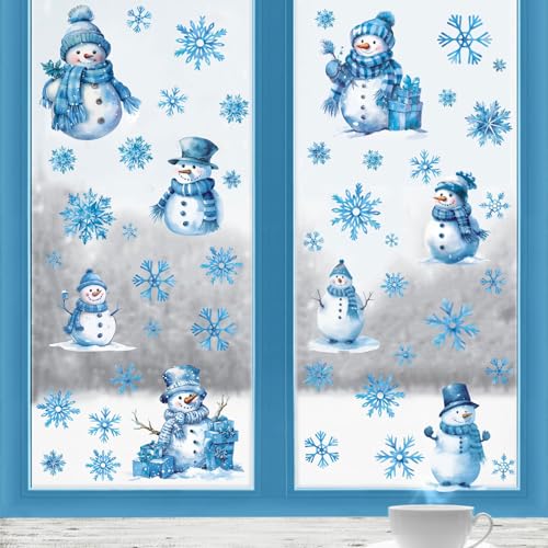 4 Sheets Christmas Window Clings - Snowman, Snowflake Glitter, Sparkle Stickers - Winter Decorations