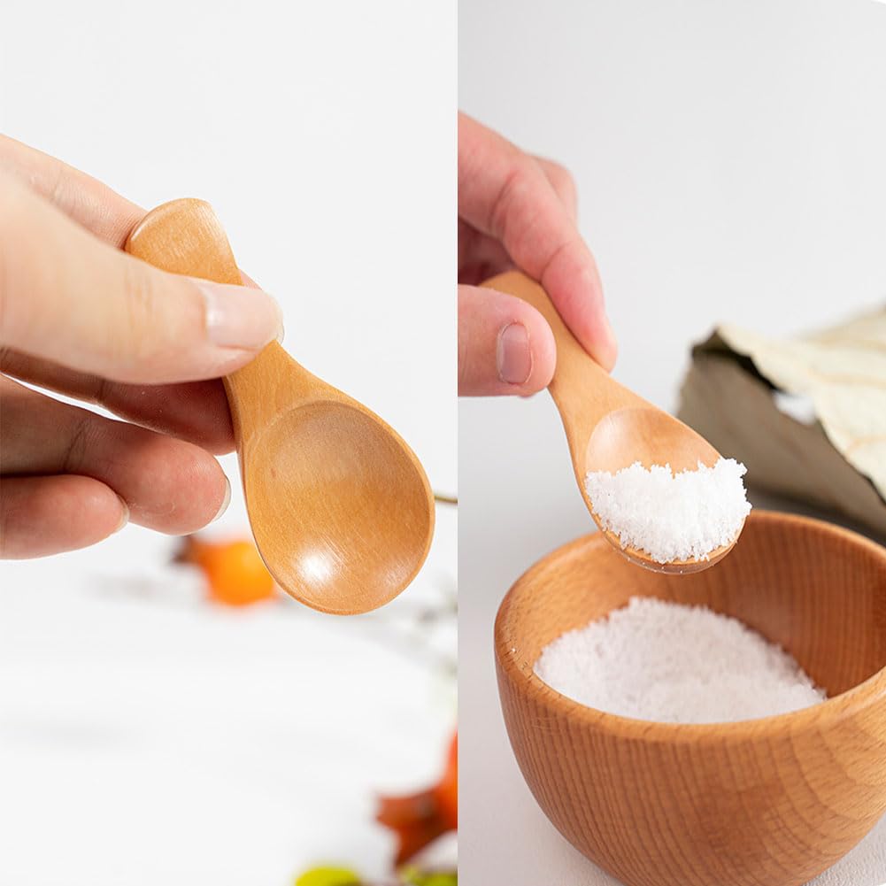 2 Pcs Mini Wooden Spoon with Short Handle, Perfect for Small Jars of Jam Spices Condiments Sugar Honey Coffee Tea Mustard Ice Cream Milk Powder, Kitchen Accessories (Khaki)