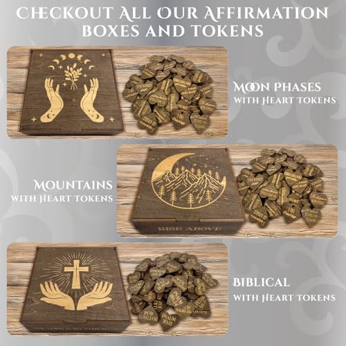 Image of Positive Affirmations Box | Moon Phase Themed Engraved Wood Box with 72 Positive Affirmation Heart Cutouts | Daily Motivational Gift for Women