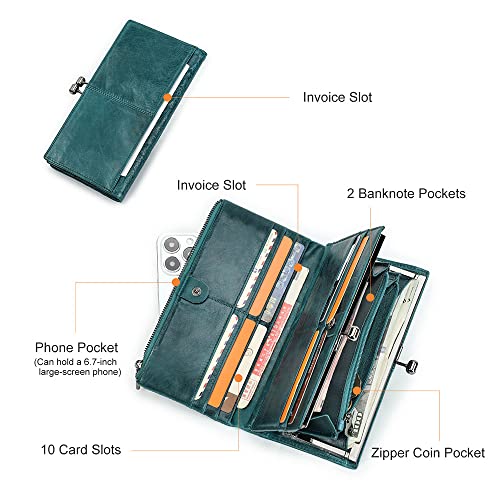 CONTACTS Full Grain Leather Kiss Lock Wallet for Women Vintage Kiss Clasp Wallet Coin Purse RFID Bifold Phone Wallet Card Holder (Peacock Blue)4