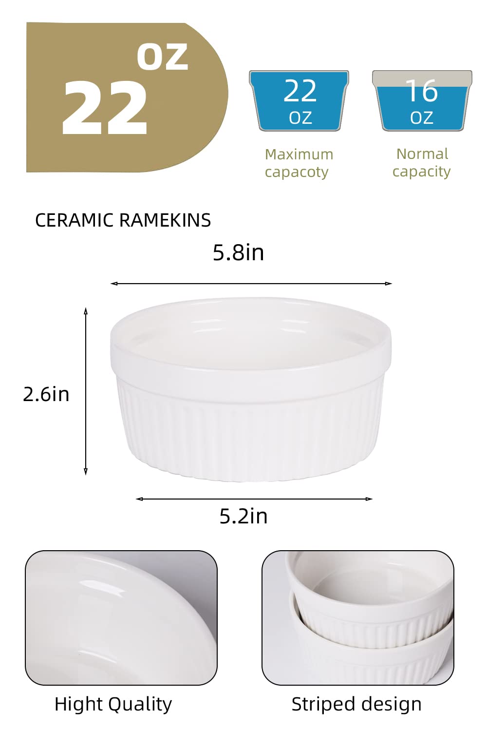 625 ml Auflaufförmchen – 2 Stück Porzellan-Auflaufförmchen für Souffle, Creme Brulee, Pudding, Vanillebecher, Backformen-Set zum Backen, ofenfest, weiß (15,2 cm)