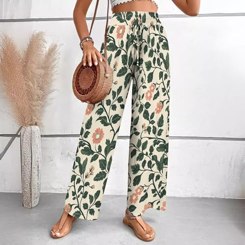 Womens Summer New Floral Palazzo Pants Boho Trendy Elastic High Waisted Drawstring Lounge Work Wide Leg Pants 20254