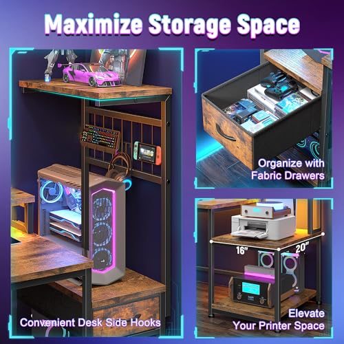 Image of DurayLoly 55 inch Computer Desk with LED Lights & Outlets,Office Desk with Drawers & Monitor Stand,Gaming Desk with 3 Storage Shelves, Hooks& Printer Space for Game&Study Room,Home Office,Bedroom,Brown