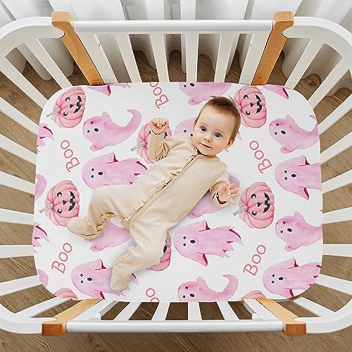 Image of Halloween Ghosts Pink Crib Sheets Soft Breathable Fitted Baby Playard Sheets Mattress Cover for Girl Boys, 39 inch x 27 inch x 5 inch