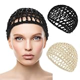 WLLHYF 2 STÜCKE Haarnetze Mütze Schlafen Haarnetz Snoods Wrap Bonnets Lange Gerade Locken Perücke Kopfschutz Schwarz Mesh Wrapping Häkelwelle Kochmützen Weben Nähen Für Frauen (2, Schwarz + Beige)