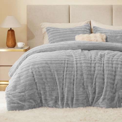 Image of BEDELITE Faux Fur Queen Comforter Set, Fluffy Bed Set, Light Grey | Super Soft & Warm, Luxury Fuzzy Cozy Comforter for Winter, Heavy Plush Bed set, with 2 Pillowcases