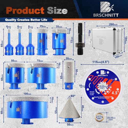 Image of Diamond Hole Saw Kit - 12pcs Tile Drill Bit Vacuum Brazed | 1 /4 inch*2 5 /16 inch 1 inch 1-3 /8 inch 2 inch 3 inch 4 inch Core Drill Bits, Beveling /Milling Bit, Saw Blade, For Porcelain /Granite /Marble /Stone