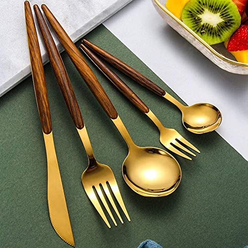 Image of Gold Flatware Matte Wooden Handle Stainless Steel Tableware Sets for 1 Including Forks Spoons Knives, Camping Silverware Travel Utensils Set Cutlery(Gold, Set of 5)