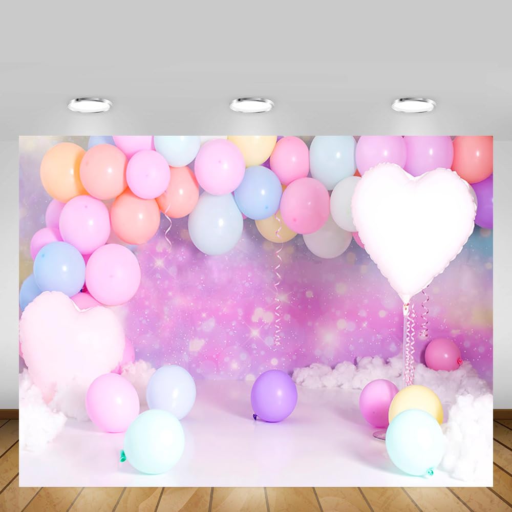 MEHOFOND Toile De Fond Rose 2,1x1,5m - Photographie Anniversaire Fille Nuages Ballons Château - Décoration Fête Prénatale