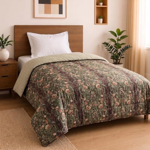 Image of Mafatlal 120 GSM Ultra All Season Reversible Comforter, Microfiber AC Blanket /Quilt /Dohar /Duvet for Twin Size Single Bed (90 x 60 Inches) | Khakhi