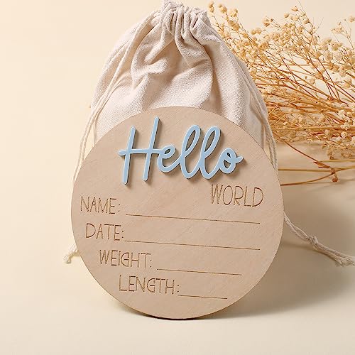 Image of Ylsteed Baby Announcement Signs Baby Milestone Cards Wooden Newborn Photography Props Newborn Baby Birth Announcement Sign Hello World Newborn Sign Baby Shower for Boys and Girls 6 Inch-Blue