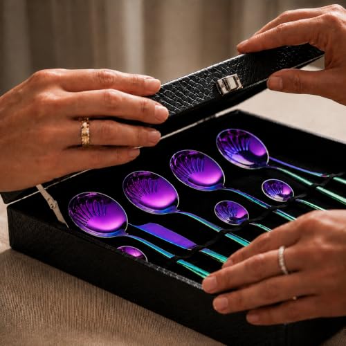 Image of 24-Piece Rainbow Stainless Steel Cutlery Set with Premium Storage Textured Plastic Box | Mirror Finish Flatware for 6 | Dinner Spoons, Forks, Knives & Teaspoons | Luxury Gift Set