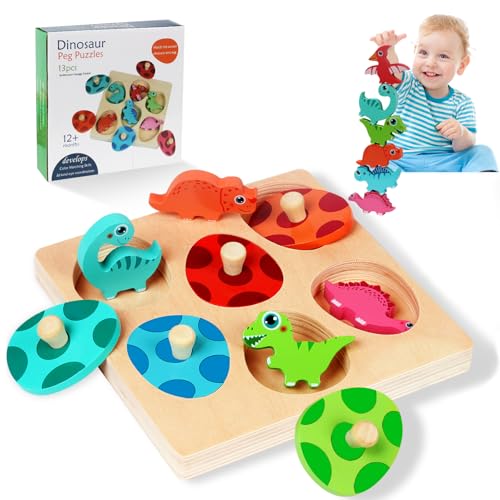 Wooden Puzzles for Toddlers 1-3 2-4, Montessori Baby Dinosaur Toys for 1 2 3 Year Old Boy Girl Christmas Birthday Baby Easter Basket Stuffers Gifts,Match Eggs Peg Puzzles Preschool Learning Toys