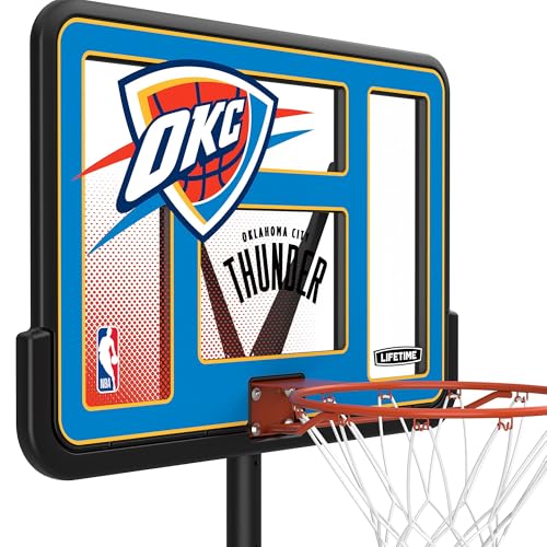 Image of Lifetime NBA Oklahoma City Thunder Portable Basketball Hoop, Adjustable Height 7.5-10 Ft, 44 Inch Shatterproof Fusion Backboard, Base with Wheels