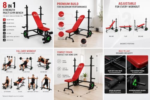 Image of 8 in 1 Strength Multi Gym Bench Adjustable Flat, Incline Decline Bench With Leg Curl & Leg Extension | Gym Bench for Home | Workout Bench Press for Home Gym
