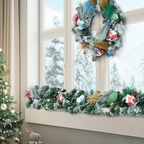 Christmas Garland, 6ft Snow Frosted Xmas Garland with Village House, Pinecones, Colorful Balls, Artificial Holiday Garland for Stairs, Fireplace, Mantle, Front Door Decor