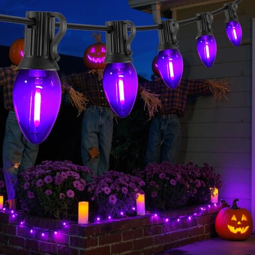 Image of 12FT C7 Purple LED String Lights, Black Wire Outdoor Halloween | IP44 Waterproof & Shatterproof, End-to-End Connectable, Perfect for Patio, Porch, Railing, Party or Holiday Decor