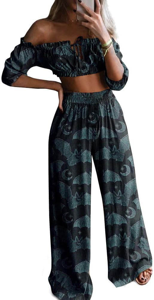 Women Goth Bat 2 Piece Set Halloween Casual Outfit Off Shoulder Crop Top & Wide Leg Pants Set Vacation Set