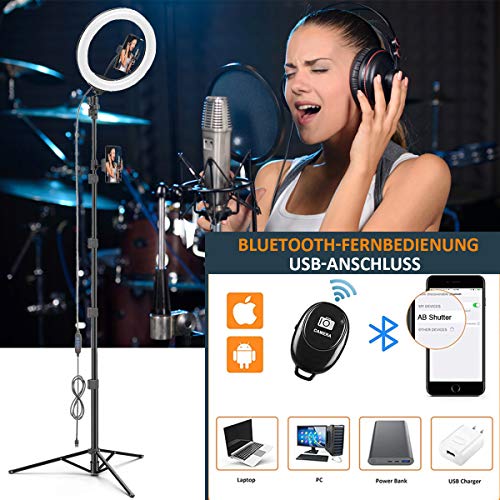LED Ringlicht mit Stativ Handy,10" Selfie Ringleuchte mit 63" Stativ Bluetooth Fernbedienung USB-betrieben 3 Farbe &10 Helligkeitsstufen,Ringleuchte für YouTube, Tiktok,Live-Stream,Makeup – Bild 5