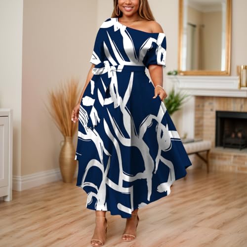 Image of Plus Size Women Wedding Guest Dress Off Shoulder Boat Neck Irregularly Flowy Midi Church Dress