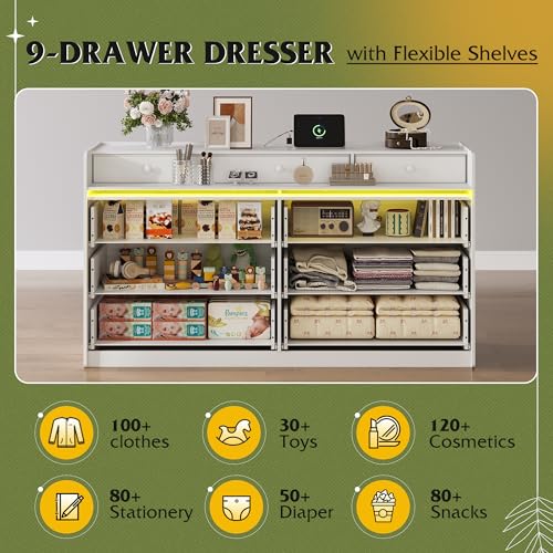 WLIVE 9 Drawer Led Dresser for Bedroom, 58.35'' White Wood Dresser Storage Organizer with Power Outlets for 65'' TV, Dressers with Open Shelves, Chest of Drawers for Closet, Living Room