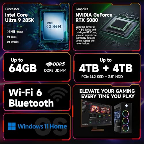 Image of PCONLINE HP Omen 45L RTX 5080 Gaming Desktop, Intel Ultra 9 285K, 32GB DDR5 RAM, 2TB SSD, RGB Light Studio, DP, RJ-45, Black, Windows 11 Home