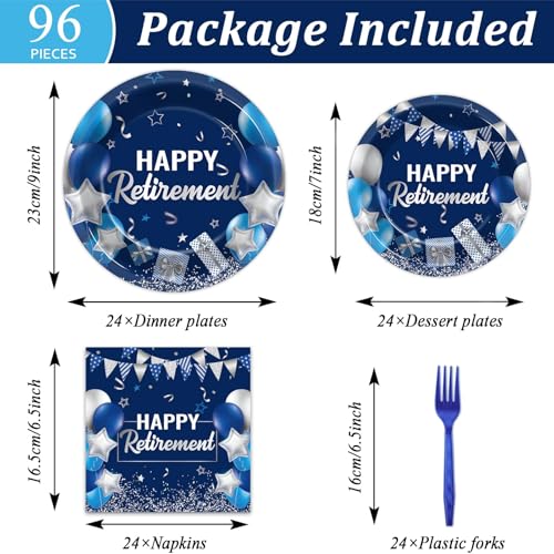 Image of gisgfim 96 Pcs Retirement Plates and Napkins Party Supplies Paper Happy Retirement Party Tableware Set Blue Silver Decorations Favors for Men Women for 24 Guests