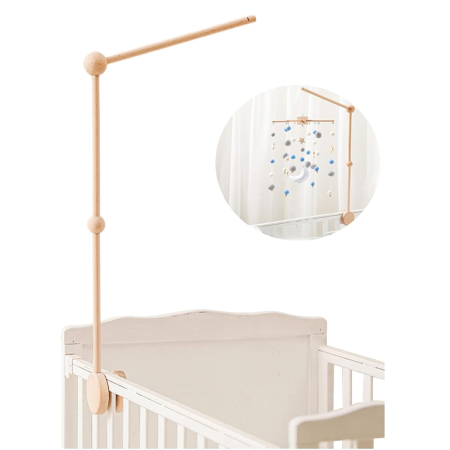 Baby Crib Mobile Arm, Wooden Crib Mobile Holder Baby Mobile Hanger Nursery Mobile Stand Easy Assembly for Crib Nursery Decor Gift (Wood Color)