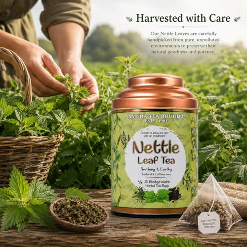Image of Sancha Tea Boutique, Nettle Leaf Tea, 25 Pyramid Bags, Caffeine Free Herbal Tisane, Harvested in the Himalayas, Inflammation & UTI support