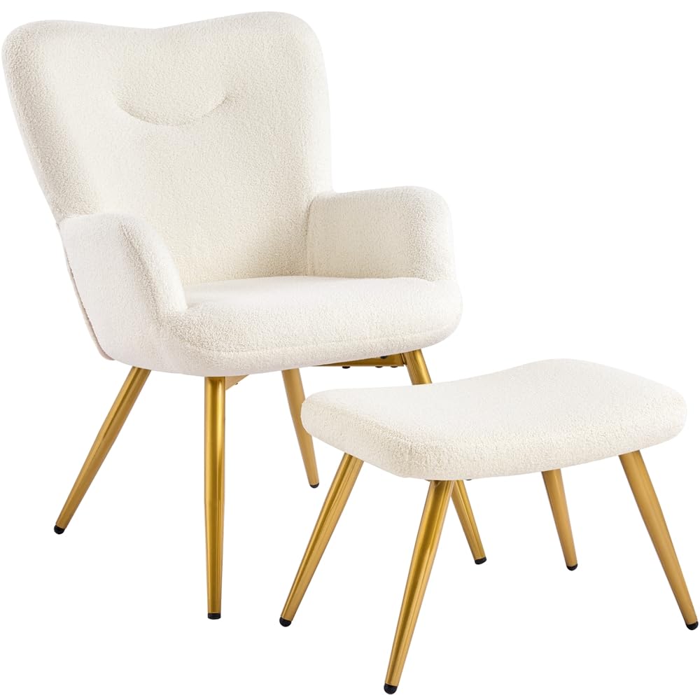 Yaheetech Sessel Ohrensessel mit Hocker aus Boucle-Gewebe, Relaxsessel mit Fußstütze, Loungesessel mit Klappbarer Rückenlehne, Fernsehsessel für Wohnzimmer/Schlafzimmer Elfenbein