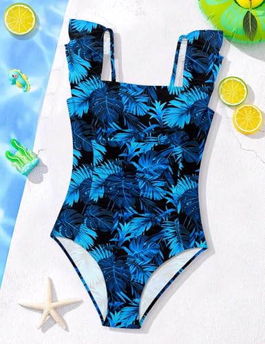 Image of NECIOUS Girls Swimsuit Ruffle Adjustable Straps One Piece Bathing Suit Solid Color Ruched Girls' Swimwear 9-16Y