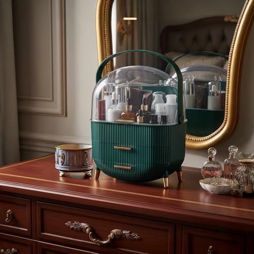 Image of Amazon Basics Glossy HIPS+PS Cosmetic Storage Organizer | 28.6 x 18.5 x 37 cm | 3 Compartments | Waterproof & Dustproof Lid | Green