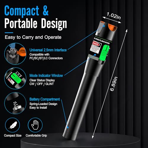 Image of Fiber Optic Visual Fault Locator Kit, Red Light Fiber Tester for Single Mode and Multimode Cable, VFL Pen Compatible with SC ST FC LC Connectors, Network Maintenance Test Tool