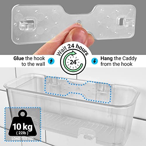 SBW Shower Caddy, Rust Proof Wall Mounted Bathroom Shower Organiser Storage Shelf Rack Caddies with Hangers, No-Drilling, Simple Glue Install, Easy to Remove, Plastic (Clear - 2 Pack)