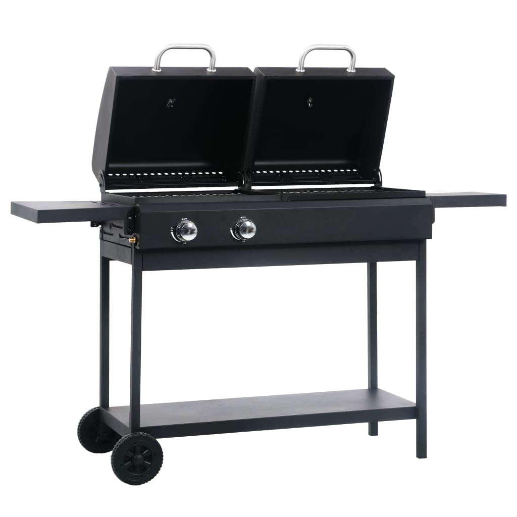 Barbacoa de gas y carbón vegetal con 2 quemadores, acero con recubrimiento en polvo, 148,5 x 53 x 101,5 cm, estantes plegables, termómetro, portátil, para balcón, terraza, camping, bajo