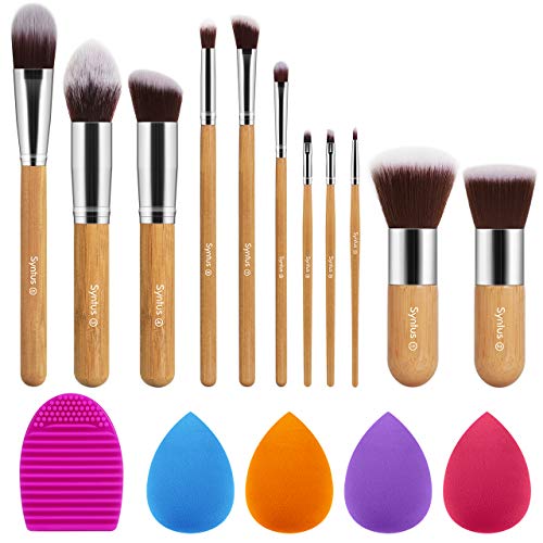 Syntus Bamboo Makeup Brush Set, 11 Makeup Brushes & 4 Blender Sponges