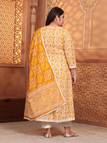 Image of MEERA FAB Women's Pure Cotton Printed Anarkali Kurta with Palazzos & Dupatta