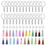 JEWMAY 100Pcs Keychain Tassels Split Key Chain Rings with Chain Leather Tassel and Jump Rings Bulk for Crafts Supplies