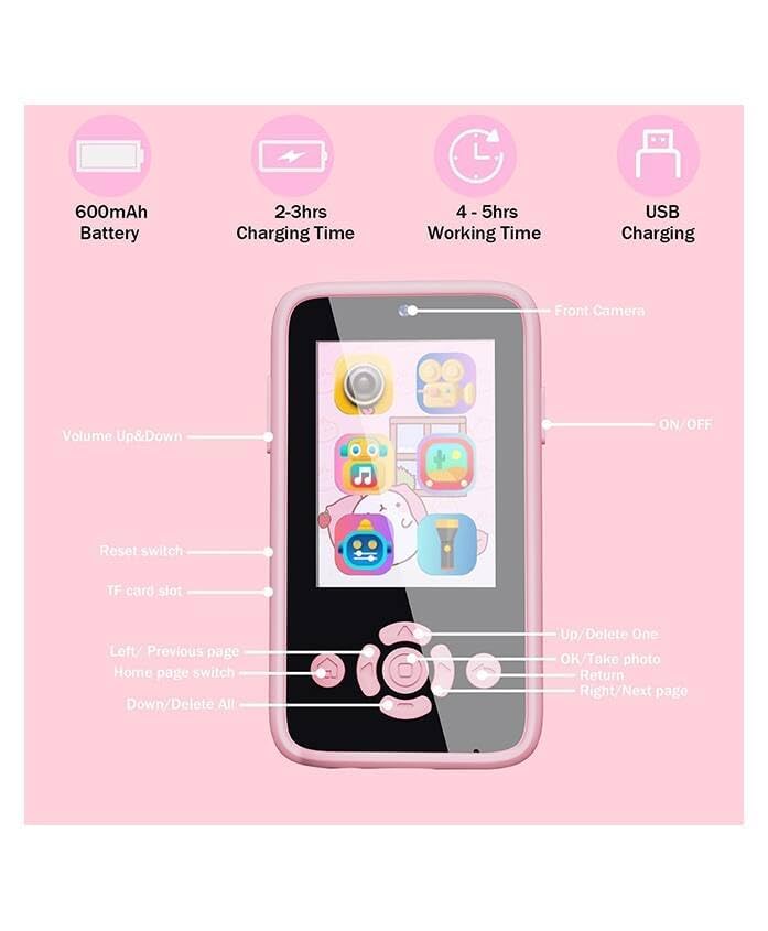 Image of Plastic Kids Smartphone Toy with MP3 Music Player Bumper Back Case Dual Camera for Selfies in-Built Games 2.4 inch Screen 8MP Camera Toys for Boys & Girls (Pink Uni)