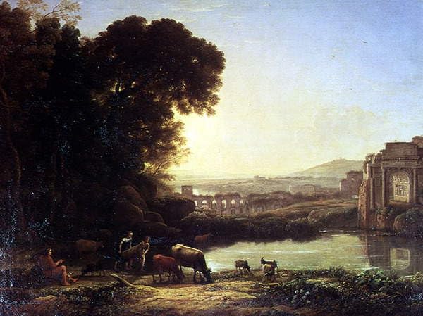 Lienzo de Claude Lorrain Ganado y cabras bebiendo: pintura mural con acabado artístico