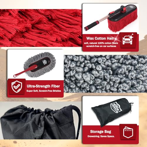 Image of Exterior Car Duster & Brush Kit - Extendable，Wax Cotton | Telescoping auto mop traps pollen scratch-free. Combo with inside detailing tools & bag. Gift for SUV, truck, motorcycle.