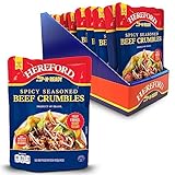 Hereford Spicy Seasoned Beef Crumbles | Shelf Stable | Halal | Fully Cooked | Ready-to-Eat | 12g of Protein per Serving | 6oz per Pouch (Case of 12)