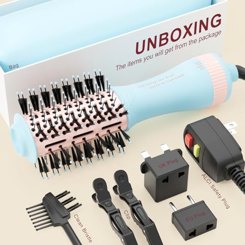 Image of Travel Dual Voltage Hair Dryer Brush 4-in-1 Portable Mini Hot Air Blow Dryer Straightener & Curler Brush, Titanium Round Blowout Styler Volumizer Tools, 110 /240V US /EU /UK -Baby Blue & Light Pink