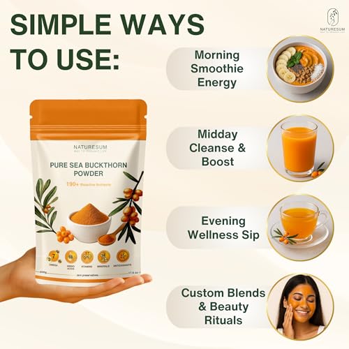 Image of Naturesum Central Asian Sea Buckthorn Berry Powder 100% Organic (500g) Rich in Omega 3, 6, 7, 9, Vitamin C, E & 18 Amino Acid, Strong Antioxidant for Skin Glow, Immunity, Gut & Heart Health
