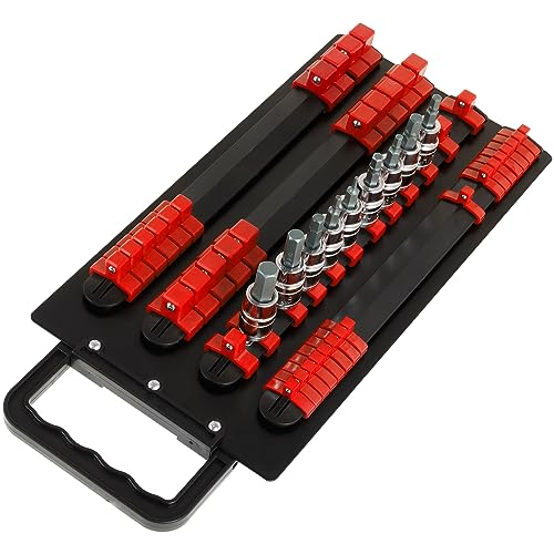 Socket Organizer Heavy Duty Socket Set Halter Sockelstahl mit tragbarem Handlungsstock -LLagerschalen -Organizer Total 48 Sockets für Steckdosen BOBASH (48pcs,Gules)
