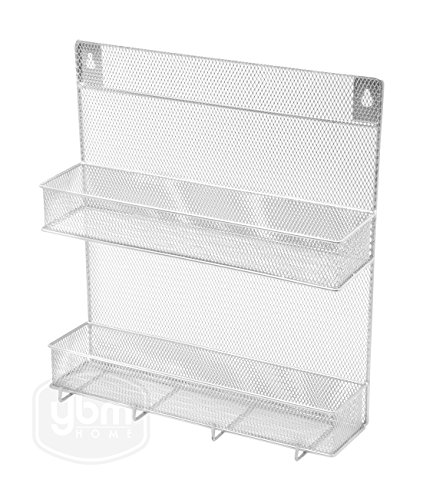 YBM Home 2-Tier Wall Mount Mesh Spice Rack Organizer with Hooks for Cabinet Pantry Door Kitchen, Large Hanging Spice Shelf, Chrome 1153