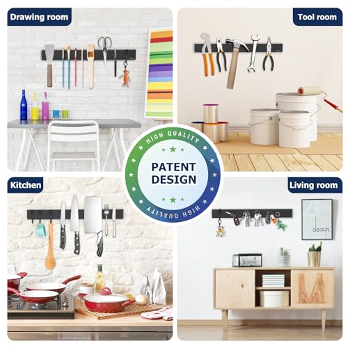 Dmore magnetic knife holder for wall—with 3 hooks, No Drilling 16 Inch black knife magnetic strip, Powerful knife magnet rack, include Adhesive Tape and screws for Knives, Utensils, and Tools - Image 6